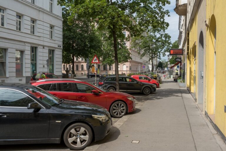 Gumpendorfer Straße, Bäume, parkende Autos, Gehsteig, Häuser, Felixx