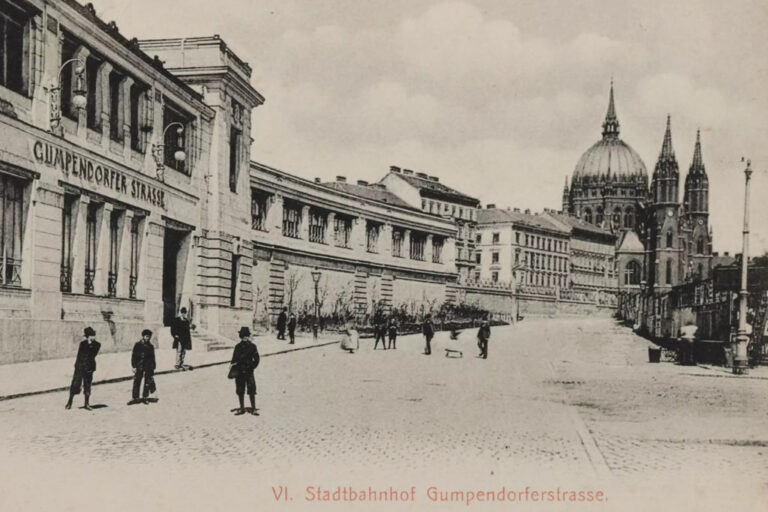 historische Fotoaufnahme von der Stadtbahnstation "Gumpendorfer Straße" und der Kirche Maria vom Siege