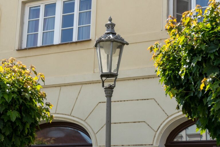 Straßenlaterne, Bäume, Hausfassade, Fenster