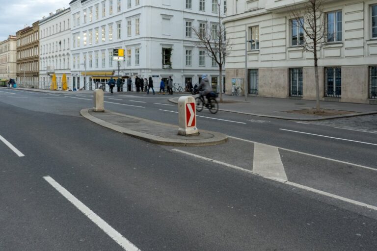 Verkehrsinsel auf einer Straße in Wien, Radfahrerin, Bäume, alte Häuser