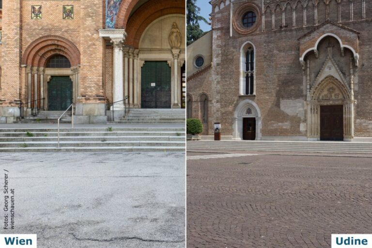 Fotos von zwei Kirchen mit Sichtziegel-Fassade und einem Vorplatz mit Stufen, links Asphalt, rechts Pflasterbelag