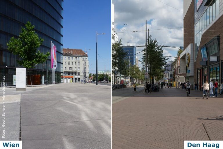 links Asphaltfläche neben modernem Bürogebäude nahe Wiedner Gürtel und Schloss Belvedere, rechts Kreuzung in Den Haag mit Pflasterung