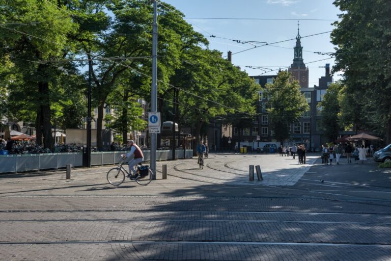 Fußgängerzone, Platz, Radfahrer, Bäume, Kirchturm