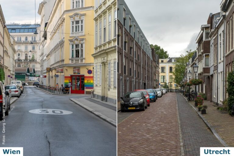 zwei Beispiele von öffentlichen Räumen in Wien-Wieden und Utrecht
