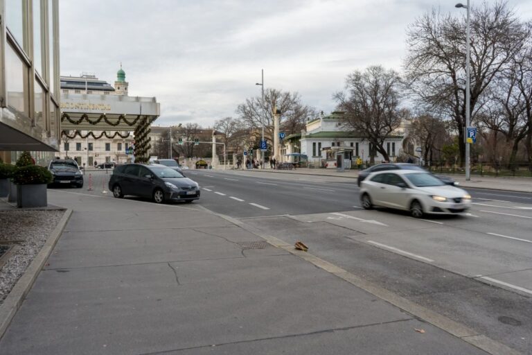 Autos und Straße vor einem Hotel in Wien, Bäume im Winter