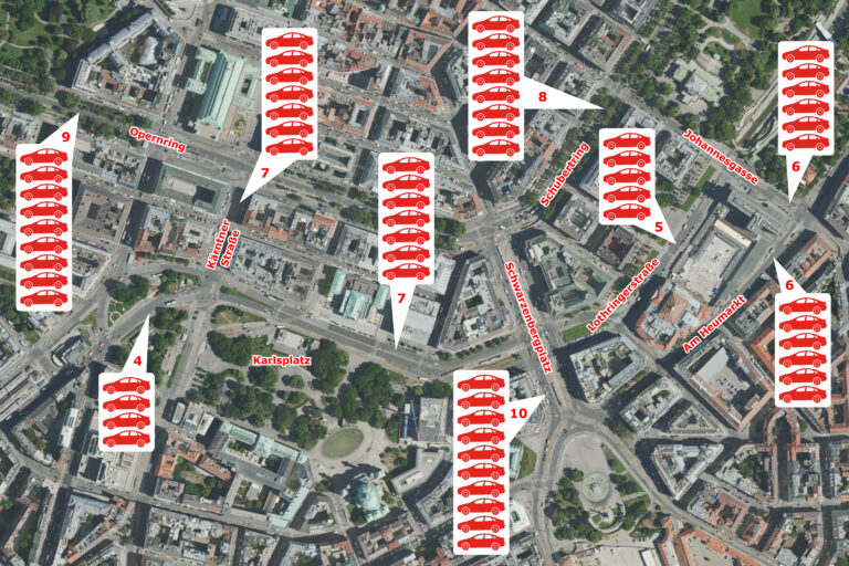 Satellitenbild von Wien mit eingezeichneten Spuren für Kfz