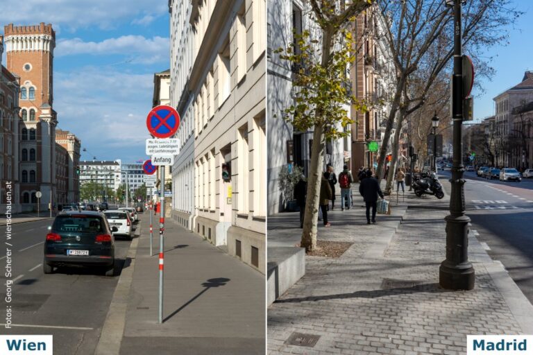 Gehsteige neben Straßen mit historischer Bebauung, links Parkplätze, Asphalt und Verkehrszeichen, rechts Pflasterung, Bäume und hohe Laternen