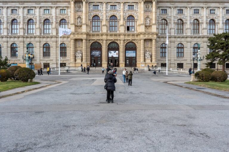 Asphaltfläche vor einem historistischen Museumsbau in Wien, Personen, Büsche, Fahnen