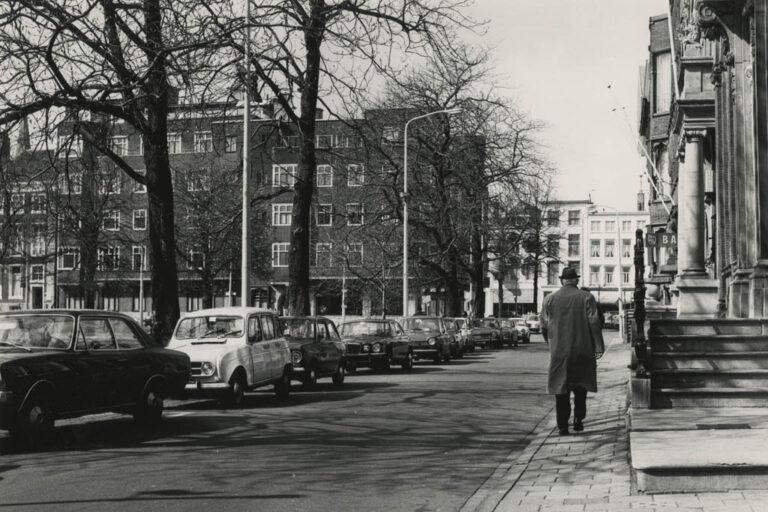 Mann geht am Gehsteig, Straße, parkende Autos, Bäume