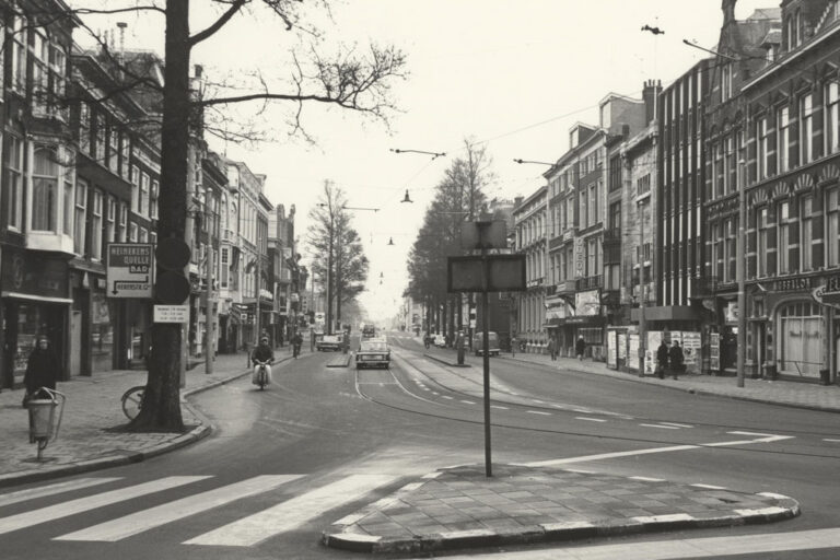 alte Aufnahme einer Straße mit Autos, Moped und Fußgängern, Bäume, schmale Häuser, Straßenbahnschienen
