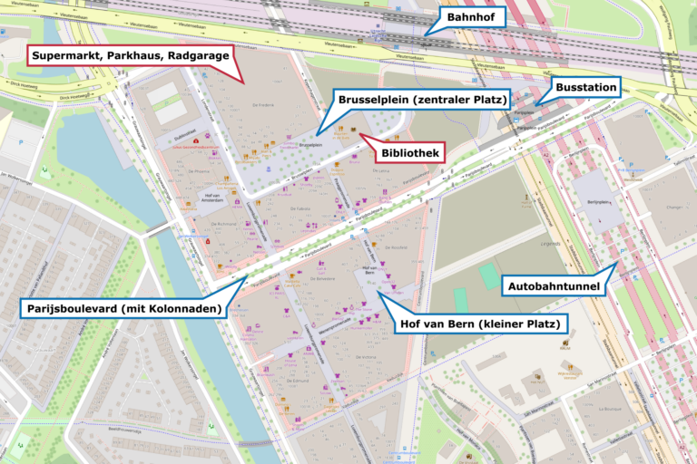 Karte eines Neubauareals von Utrecht mit Infos zu Gebäuden und Verkehrsflächen