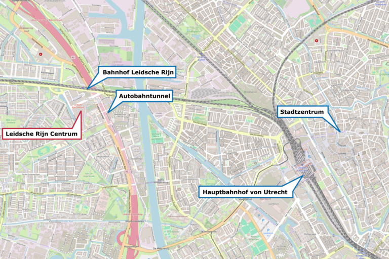 Karte von Utrecht mit eingezeichneten Orten (Leidsche Rijn, Stadtzentrum, Hauptbahnhof, Autobahntunnel)