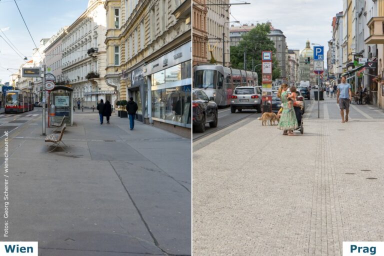Straßenbahnhaltestellen in Prag und Wien, Straßenbahnen, Autos, alte Häuser, Leute, Verkehrsschilder, Oberleitungen