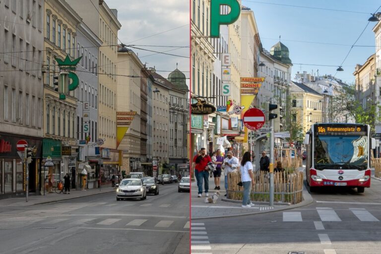 Einkaufsstraße im 5. Bezirk vor und nach dem Umbau, links fahrende Autos, rechts Bus, Bäume und Passanten