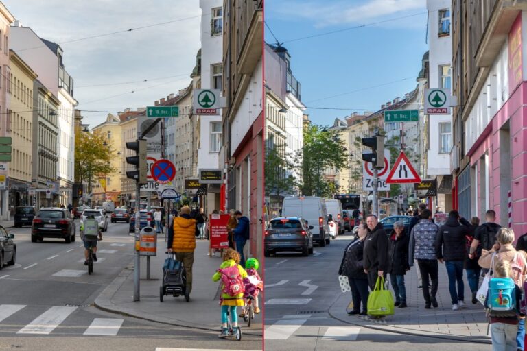Personen auf einem Gehsteig an einer Kreuzung in Wien