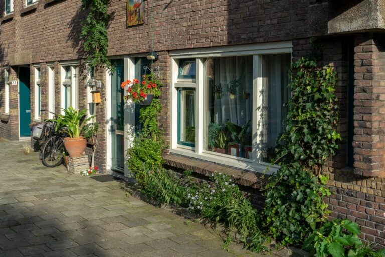 Pflanzen an einem Haus mit Backsteinfassade, Erdgeschoß