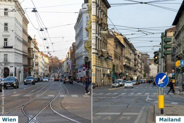 Straßen mit Straßenbahngleisen und Oberleitungen