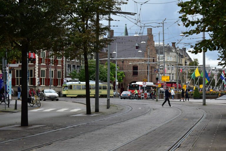 Straßenbahngleise, Bäume, historisches Gebäude, Fahnen