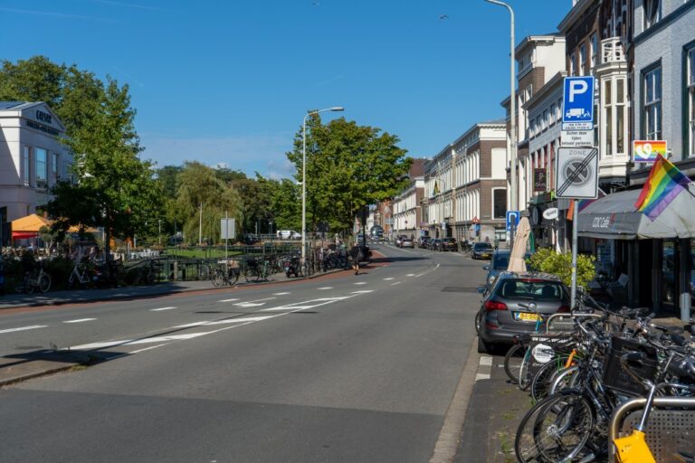 Straße in Den Haag, Regenbogenfahne, Bäume, Räder, Autos
