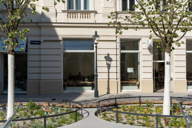 Baumscheiben, Bank, Straßenlaterne, altes Haus