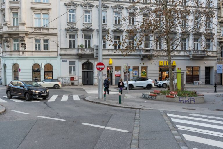 Kreuzung mit Zebrastreifen und Ampel in der Gumpendorfer Straße