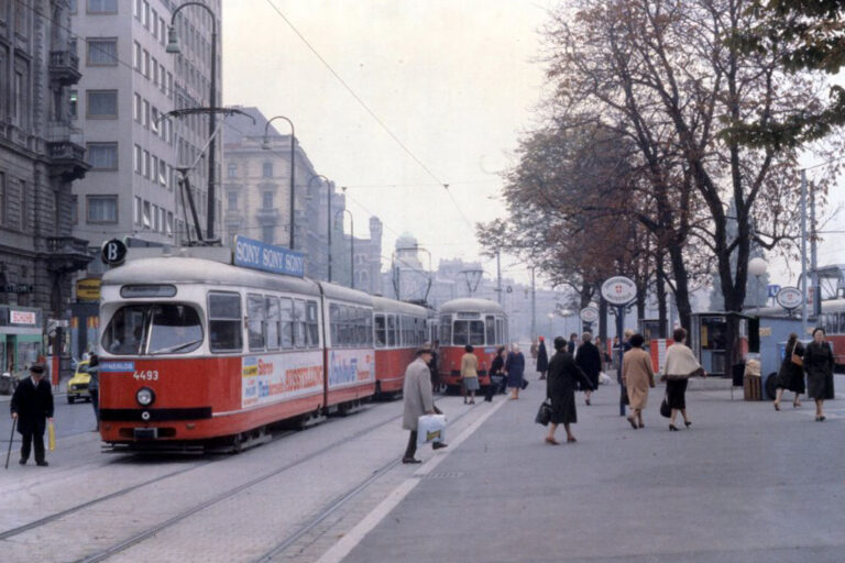 Straßenbahnen und Haltestelle in Wien, Bäume, Leute, Häuser