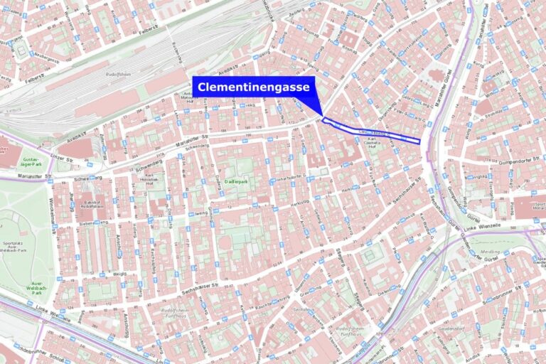 Karte des 15. Bezirks, hervorgehoben ist die Clementinengasse
