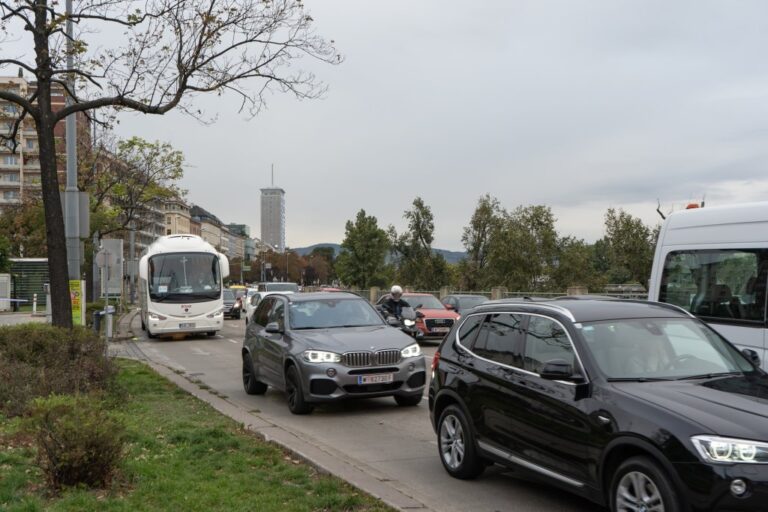 Autos fahren auf einer mehrspurigen Straße neben Häusern und Bäumen