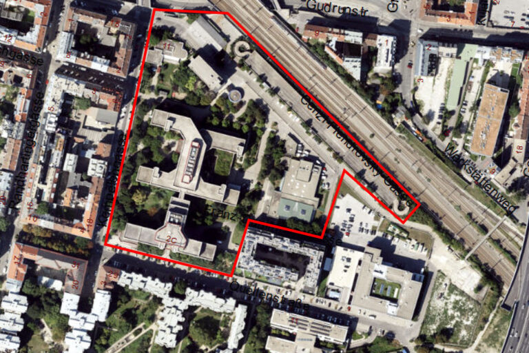 Luftbild eines Teils von Wien-Favoriten, hervorgehoben ist der Kempelenpark