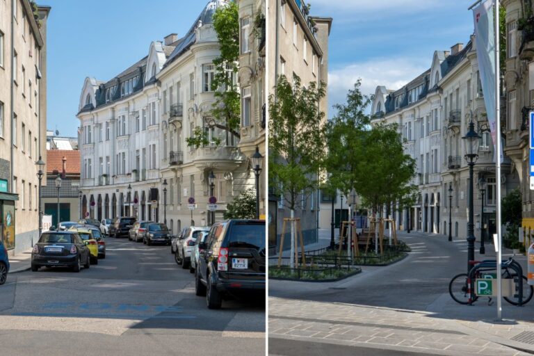 Gasse in Wien-Hietzing, links parkende Autos, rechts neue Bäume
