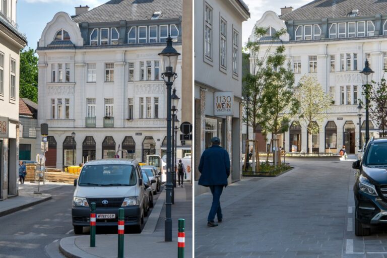 Altgasse in Hietzing, Jugendstilhaus, Autos, Bäume, Spaziergänger