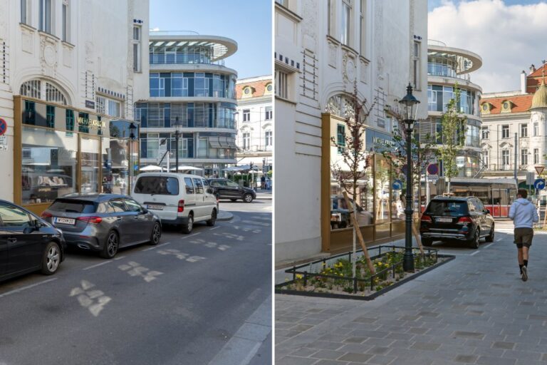 Jugendstilhaus, Bürohaus, parkende Autos, junge Bäume, Laterne, Läufer