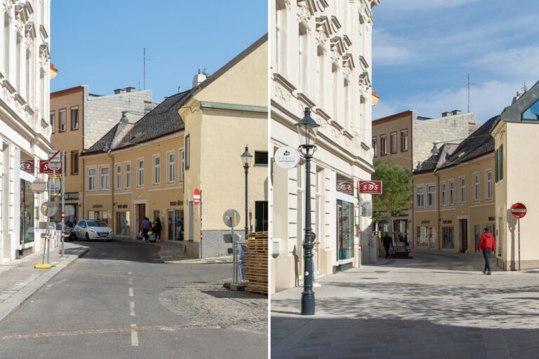 Gasse in Wien-Hietzing vor und nach dem Umbau