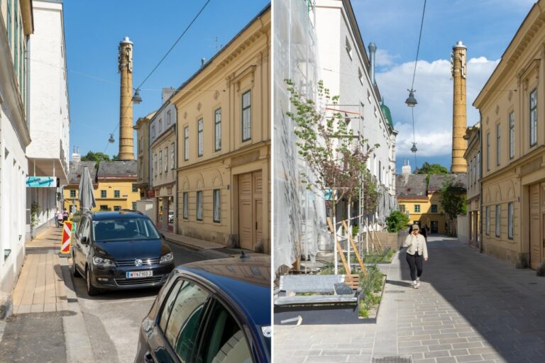 Altgasse vor und nach dem Umbau, Schornstein, Autos, Person, alte Häuser