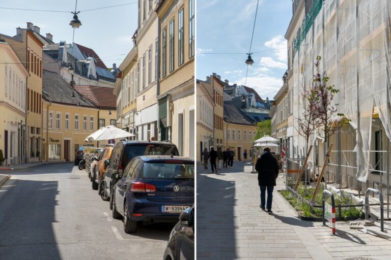 links parkende Autos in einer Gasse, rechts Leute spazieren durch eine Gasse, junge Bäume