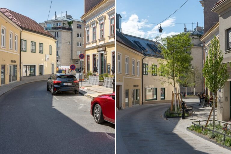Altgasse, links Autos, rechts Bäume