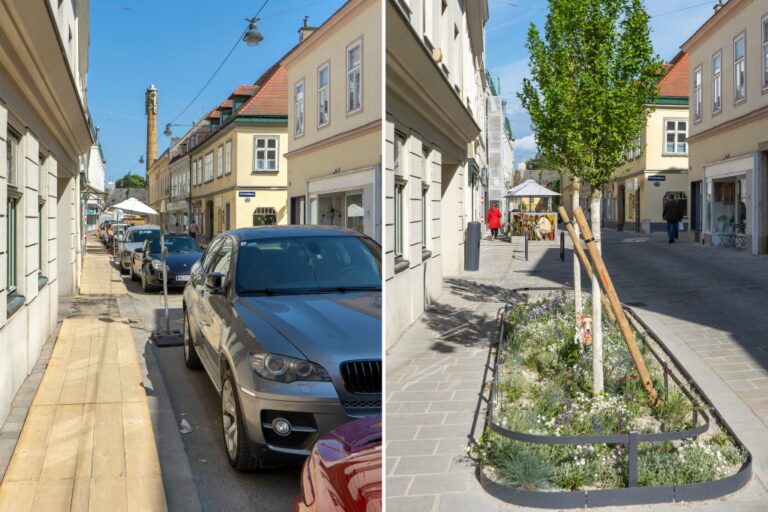 links parkende Autos in einer Gasse, rechts Gasse mit neuen Bäumen und neuem Bodenbelag