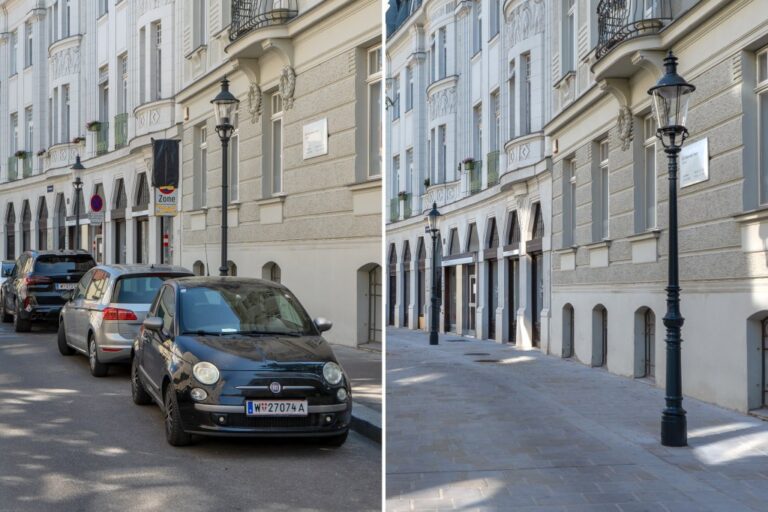 links parkende Autos, rechts Gasse nach Umgestaltung ohne Autos