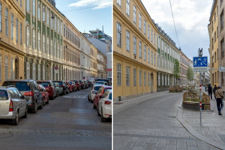 links Foto einer Gasse mit parkenden Autos auf beiden Seiten, rechts Foto einer Wohnstraße mit Begrünung, Pflasterung und Leuten