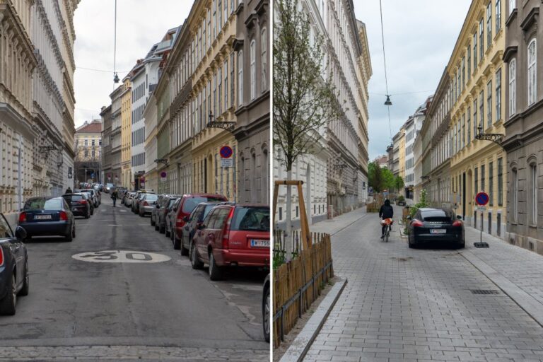 links Bernardgasse mit Autos und Asphalt, recht Pflasterung, Begrünung, Auto, Radfahrer