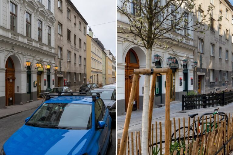 links Foto einer Häuserzeile und parkender Autos, rechts Foto derselben Häuserzeile mit Baum und Grünfläche im Vordergrund