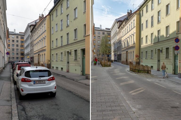Bernardgasse vor und nach dem Umbau, links parkende Autos und Asphalt, rechts Begrünung und Pflasterung, Leute