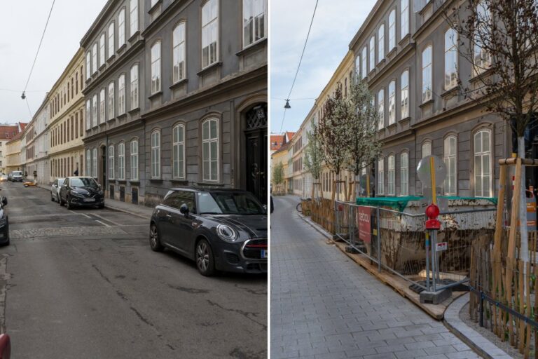 Bernardgasse vor und nach der Umgestaltung, links parkende Autos, rechts Bäume und Mulde, Zeile mit alten Häusern, Wien-Neubau