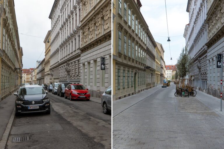 Bernardgasse, links Fotos mit Asphaltbelag und parkenden Autos, rechts Pflasterbelag, Begrünung und abgestellte Fahrräder; alte Häuser, Oberleitung