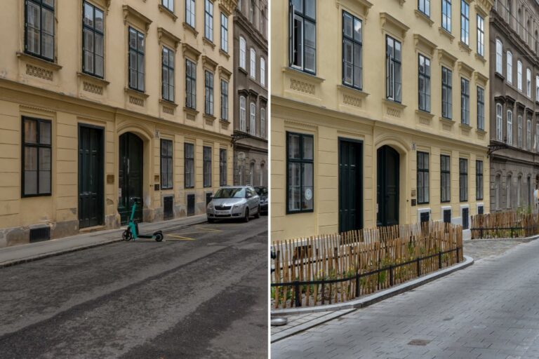 Bernardgasse vor und nach der Umgestaltung, links Foto mit Asphalt, Roller und Autos, rechts Foto mit Pflasterung, Grünflächen und Holzzäunen