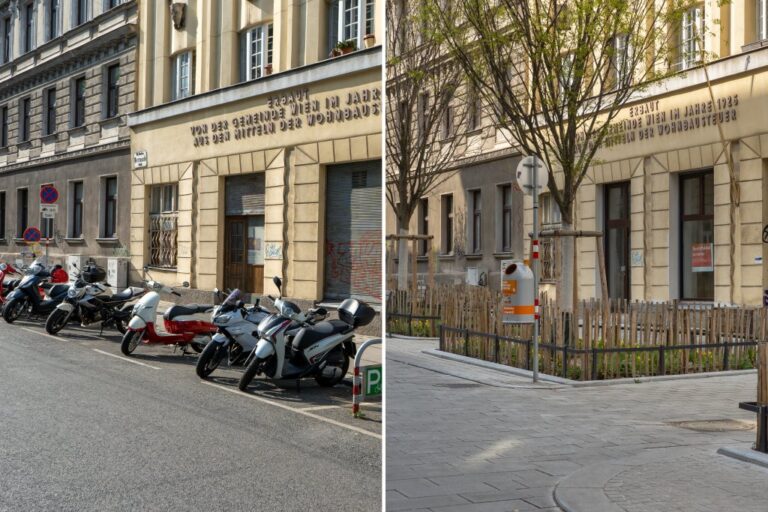 Bernardgasse zwischen Lerchenfelder Gürtel und Kaiserstraße in Wien-Neubau, vor und nach der Umgestaltung