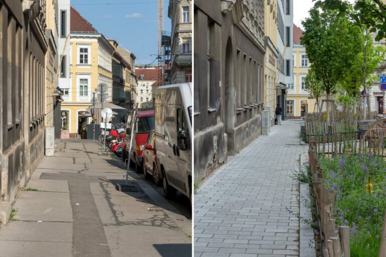 Gehsteig in der Bernardgasse vor und nach dem Umbau