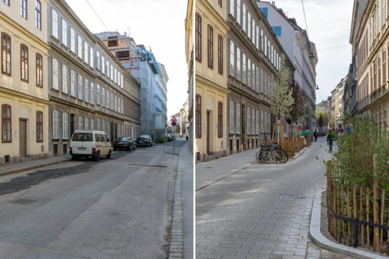 Gasse mit alten Häusern in Wien, vor und nach einer Umgestaltung