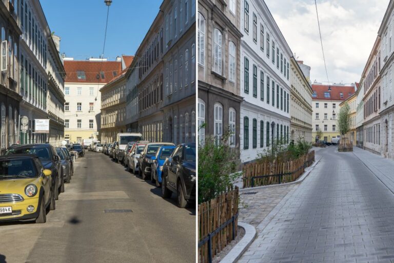Bernardgasse mit Blick in Richtung Schottenfeldgasse, vor und nach dem Umbau