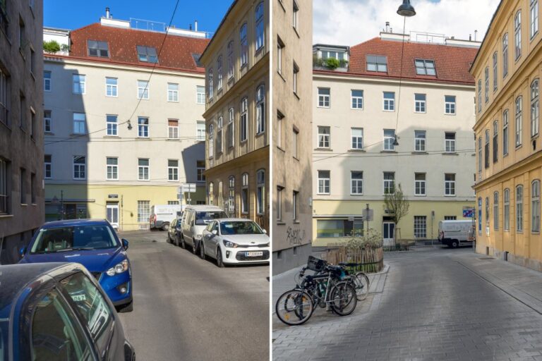 Gasse in Wien-Neubau vor und nach einer Umgestaltung